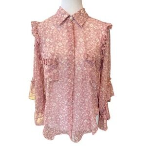 MISA Los Angeles Aeryn Floral Chiffon Ruffle Button Front Blouse Pink XS